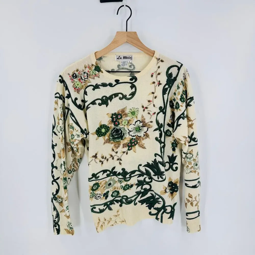 Vintage‎ La Mattini Embellished Floral Sweater Cream Green Beaded Knit Size S